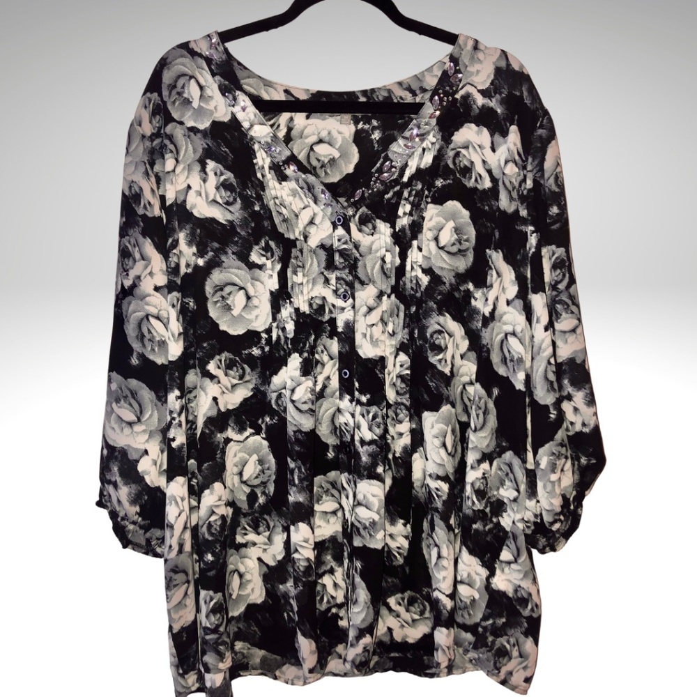 V-Neck Tunic Blouse with Embellished Neckline - 3X